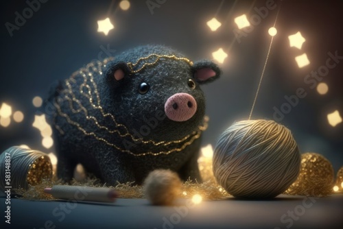 Fabulous toy pig, swine for children, decorative knitted. For fairy tales and postcards. Created with artificial intelligence. © Ренат Хисматулин