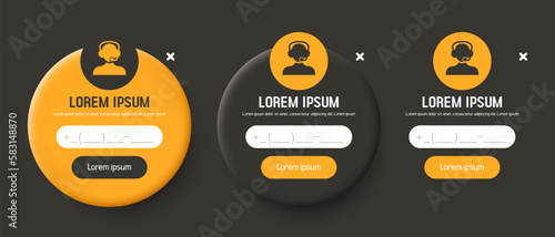 Feedback form. Free call form, call me. Round orange and black forms in claymorphism style. Vector clipart. 