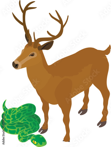 Wild animal icon isometric vector. Noble deer animal near big green anaconda. Biological diversity concept