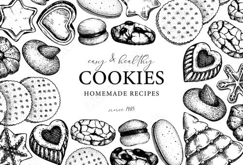 Bakery shop background. Popular cookies vintage frame design. Italian pastry sketches. Cookies with almond, chocolate, jam, crackers, chips hand drawn illustrations for logo, print, banner design