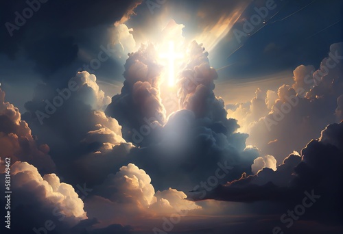 Beautiful clouds with the silhouette of Jesus cross in the sky. Christian illustration.
