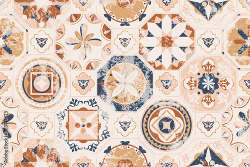 Seamless vintage pattern with scuffed effect. Patchwork rug. Hand-drawn seamless abstract tile pattern. Azulejos patchwork tiles. Portuguese and Spanish décor.