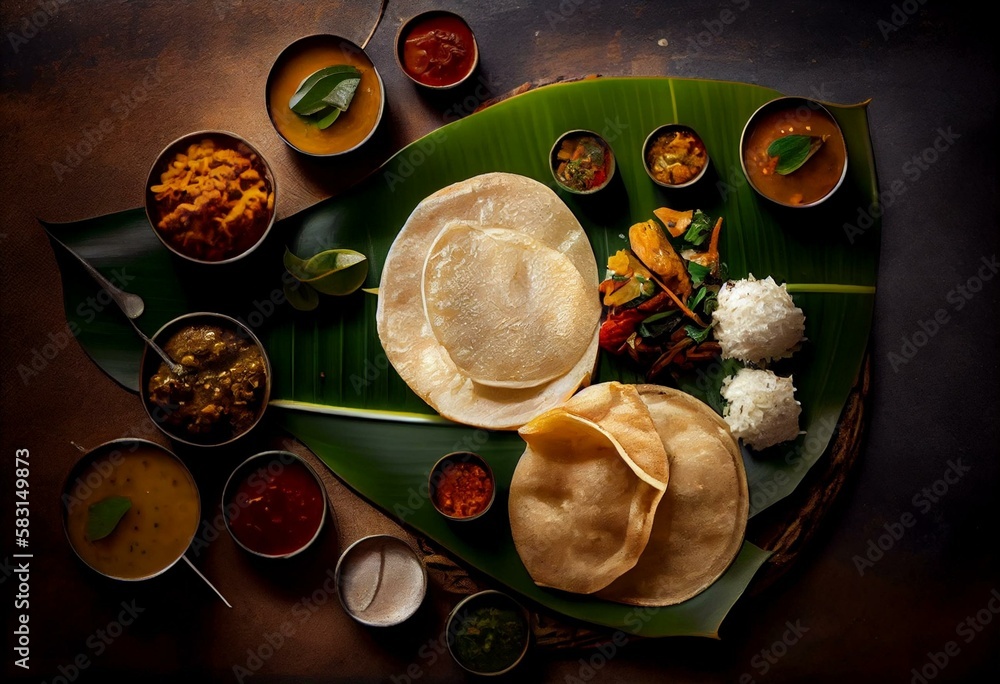 Variety of South Indian dishes served on plantain leaves with chutneys