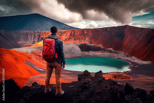 Back view of a tourist watching active volcano crater, AI generative