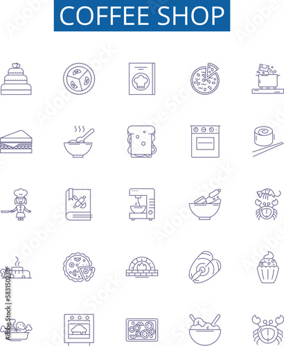 Coffee shop line icons signs set. Design collection of Cafe, Espresso, Latte, Coffee, Java, Mocha, Colombian, Frappe outline concept vector illustrations