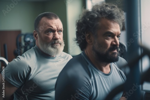 Two strong middle aged caucasian men training in gym, frends going to sport club together, joint training, AI generative
