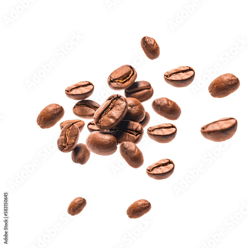 Coffee beans in flight on a white background