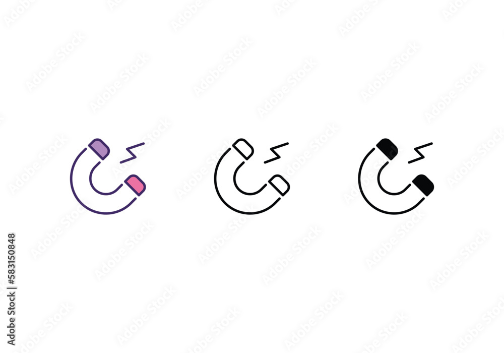 magnet icons set with 3 styles, vector stock illustration magnet icons set with 3 styles, vector stock illustration