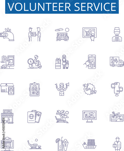 Volunteer service line icons signs set. Design collection of Volunteering, Service, Helping, Donating, participating, aiding, assisting, sharing outline concept vector illustrations