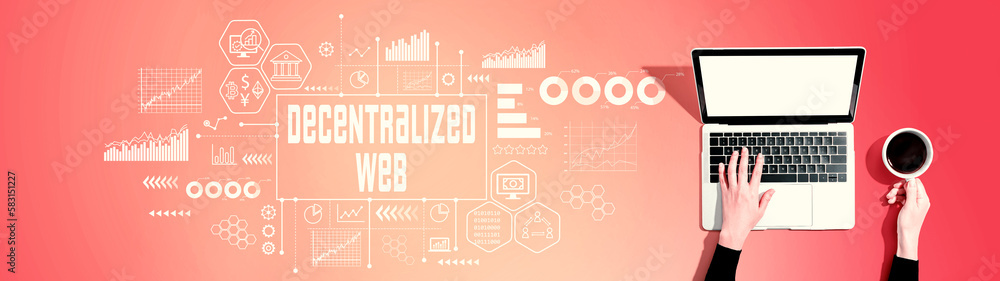 Decentralized Web theme with person using a laptop computer Decentralized Web theme with person using a laptop computer