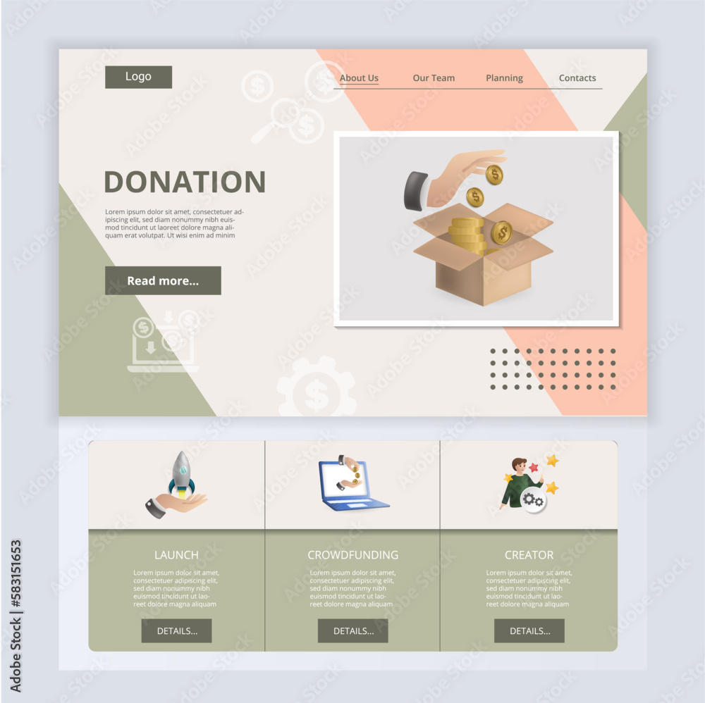 Donation flat landing page website template. Launch, crowdfunding, creator. Web banner with header, content and footer. Vector illustration.