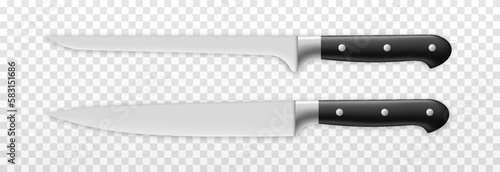 Vector set of realistic kitchen knives on an isolated transparent background. Knife png. A variety of png knives. Kitchen appliances.