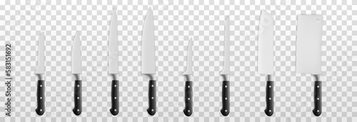 Vector set of realistic kitchen knives on an isolated transparent background. Knife png. A variety of png knives. Kitchen appliances.