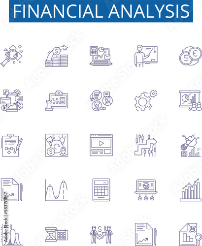 Financial analysis line icons signs set. Design collection of Budgeting, Forecasting, Ratios, Cashflow, Financing, Profitability, Liquidity, Accounting outline concept vector illustrations