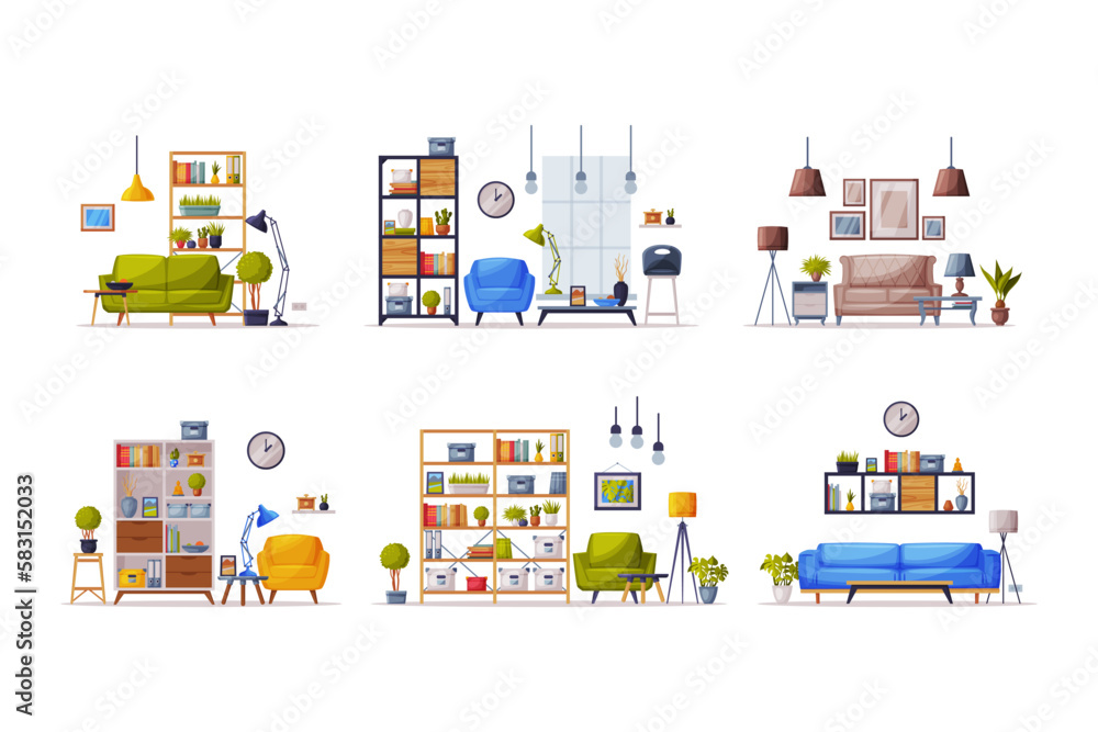 Modern Room Interior Design with Comfy Furniture and Home Decor Vector Set