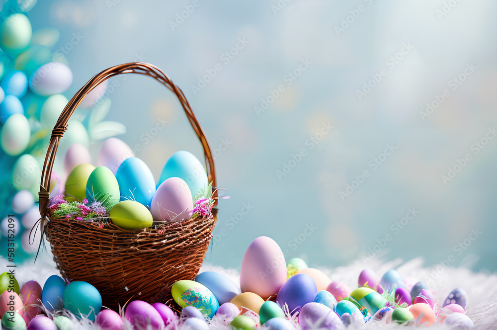 Easter banner with easter eggs in basket, pastel colors, on light blue background. Happy easter website header, easter card, poster. Generative AI.