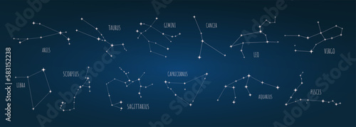 Zodiac Constellations set with names on dark blue Background