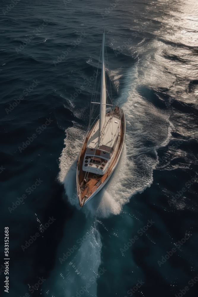 Fototapeta premium Yacht in the ocean, top view, vertical background. AI generative.