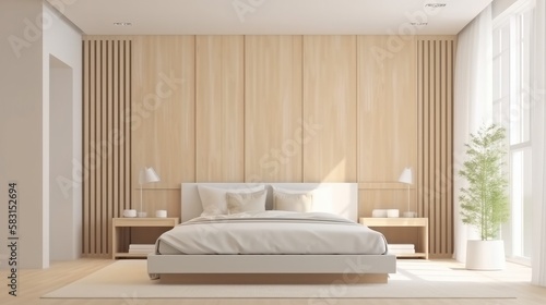 home interior design white and clean minimal bedroom clear light day time nature earth tone material scheme colour image, image ai generate