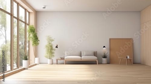 home interior design white and clean minimal living room sofa clear light day time nature earth tone material scheme colour image, image ai generate © VERTEX SPACE