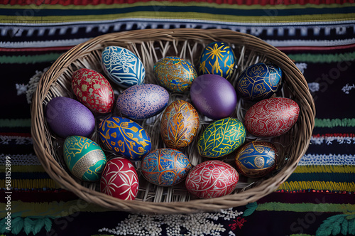 Easter banner with easter eggs in a basket. Festive, decorative website header, happy easter poster. Beautiful dark colors easter card. Generative AI. photo