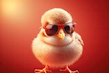 funny cute fluffy baby chick in sunglasses against bright red background. Generative AI