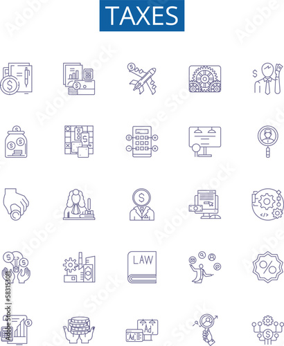 Taxes line icons signs set. Design collection of Levy, Duty, Tariff, Excise, Deduction, Withholding, Collection, Revenue outline concept vector illustrations