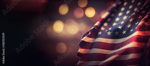 American flag waving in dark evening celebrating happy Martin Luther King day outdoor over blurred background with bokeh lights. Generative AI