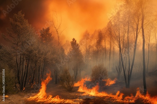 lush forest with tall trees in fire with burning dry grass and thick smoke. Generative AI © Jordi