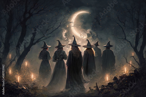 Coven of witches. viewed from the back. Walpurgis night, Halloween. Moon rising photo