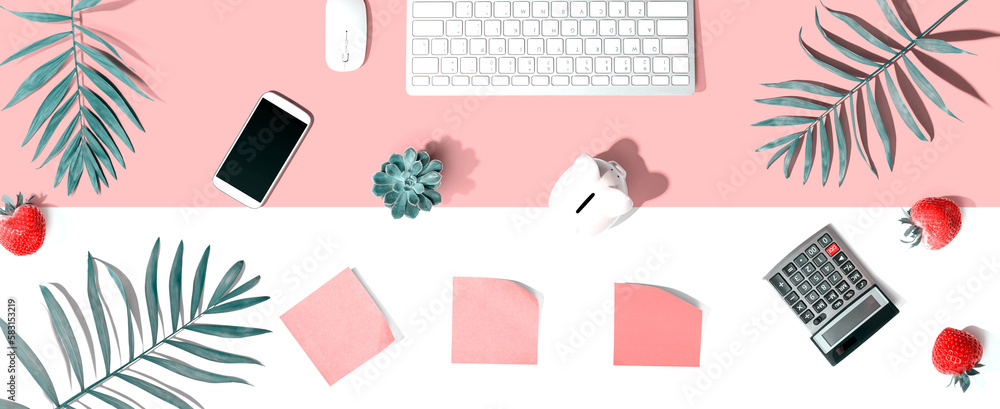 Computer keyboard with office supplies - flat lay Computer keyboard with office supplies - flat lay