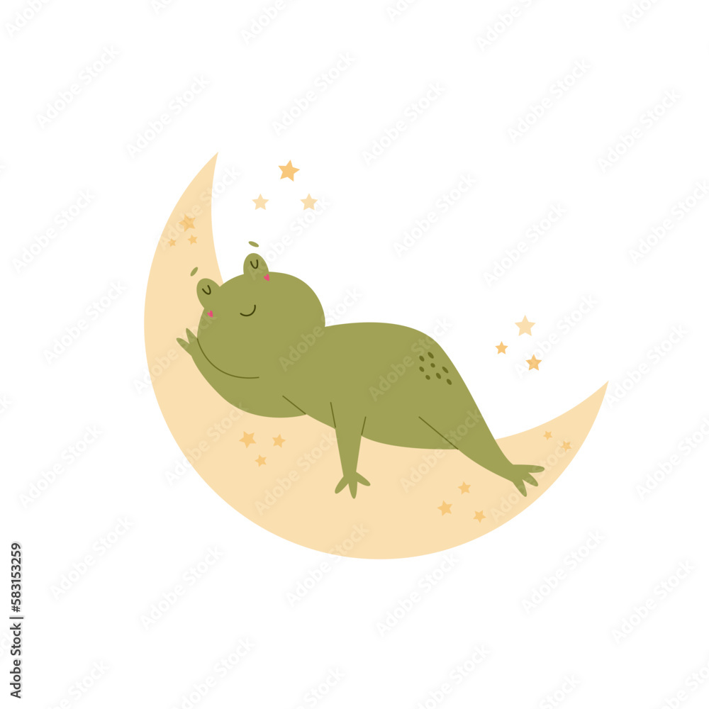 Fototapeta premium Little funny frog sleeping on the moon. Adorable animal vector design, illustration