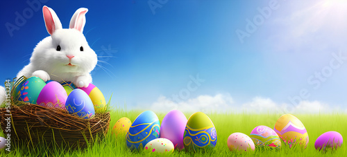 Easter banner with easter eggs and bunny on a meadow with blue sky. Festive website header, happy easter poster with copy space. Beautiful, colorful easter card. Generative AI. photo