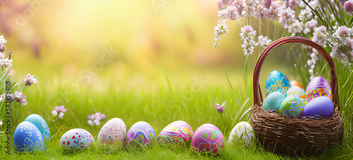 Easter banner, easter eggs in basket on a grass. Festive website banner, happy easter poster with copy space. Beautiful, colorful easter card. Generative AI. photo