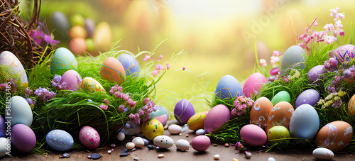 Easter banner, easter eggs on a grass. Festive website banner, happy easter poster with copy space. Beautiful, colorful easter card. Generative AI. photo