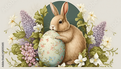 Easter bunny with eggs and flowers. Generative AI
