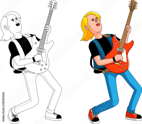 Rock musician with an electric guitar. Rock guitar player. Coloring book style. Vector illustration