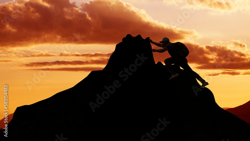 silhouette of a mountaineer trying to reach the top of a mountain with blue sky and sunlight.