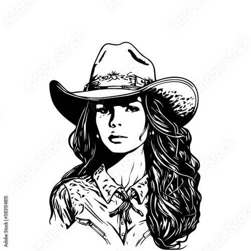 A stylish Chicano girl wearing cowboy hat in black and white, rendered in intricate Hand drawn line art illustration © AGSTRONAUT