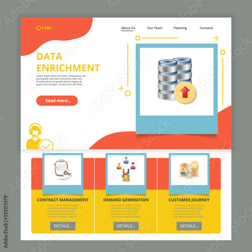 Data enrichment flat landing page website template. Contract management, demand generation, consumer journey. Web banner with header, content and footer. Vector illustration.