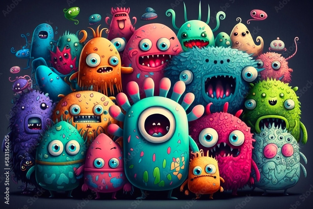 Many colorful cute alien monsters trapped and smushed together. Generative AI