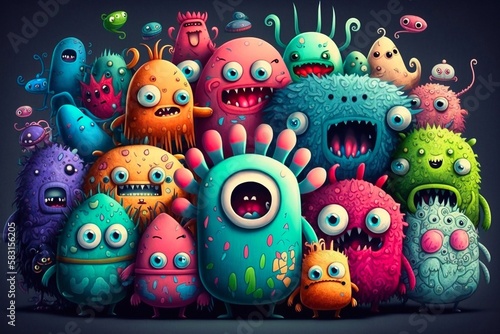 Many colorful cute alien monsters trapped and smushed together. Generative AI
