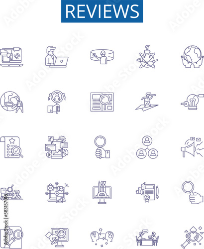 Reviews line icons signs set. Design collection of Reviews, Comment, Feedback, Analysis, Evaluate, Judge, Perception, Appraise outline concept vector illustrations