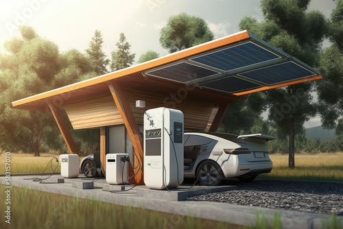 electric car charging station with solar panels and inverter for off-grid usage, created with generative ai photo