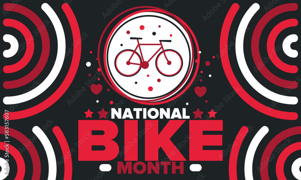 Obraz premium National Bike Month. Celebrated annual in May in United States. Bicycle concept. Healthy and active lifestyle. Sports or hobby. Poster, card, banner and background. Vector illustration