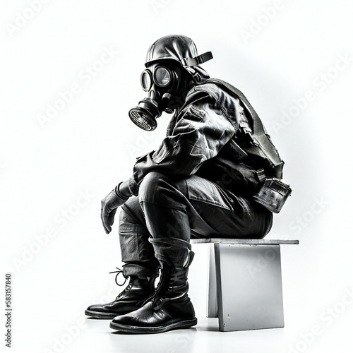 Solidier in a gas mask sitting on a stool, made with helf of Generative AI photo