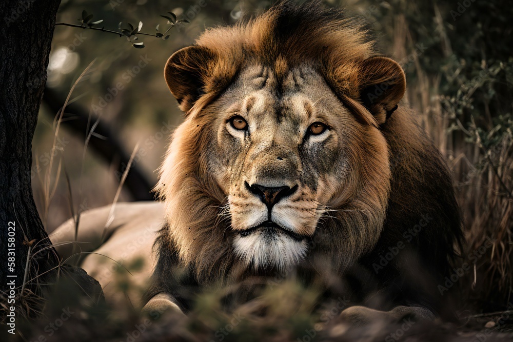 Fototapeta premium Male lion lying on the grass, made using Generative AI