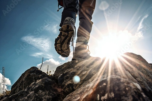 Man climbing mountains, low angle shot of climbing shoes, made with help of Generative AI