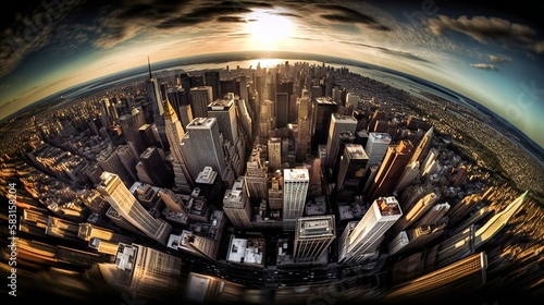Big metropolis city during sunset, fisheye lens, created using Generative AI