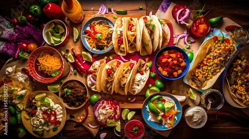 Taco feast with vegetables, salsa, meat, beans on the table, created using Generative AI